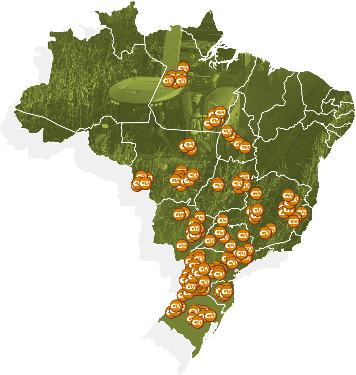 Mapa do Brasil mostrando os pontos onde foram vendidas forrageiras autopropelidas pela Chopper House Brasil 022